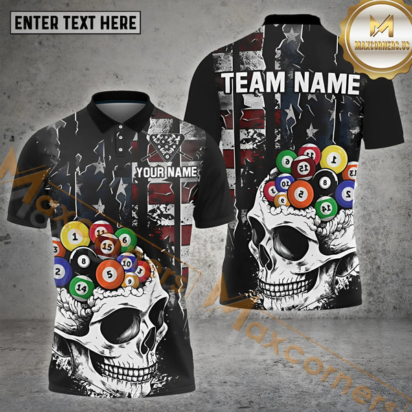 Maxcorners Billiards Skull Brain Pool Balls American Flag Personalized Name, Team Name 3D Shirt