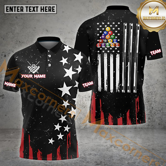 Maxcorners Billiards Stars and Stripes Cue Flag  Personalized Name, Team Name 3D Shirt