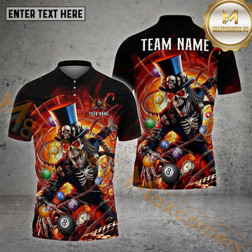 Maxcorners Billiard Skull Ball Pattern Personalized Name, Team Name 3D Polo Shirt (4 Colors)