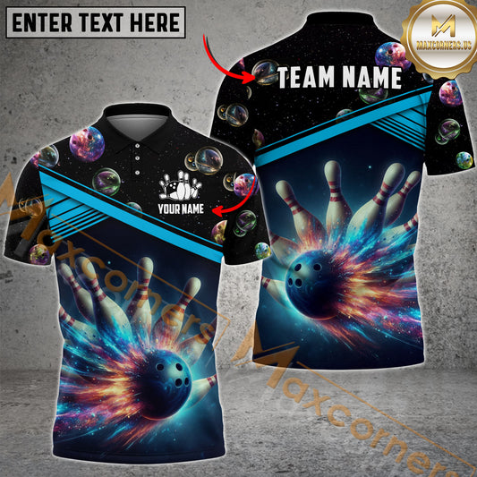 Maxcorners Bowling Ball & Pins Galaxy Bowling Ball Multicolor Options Personalized Name, Team Name 3D Shirt (4 Colors)
