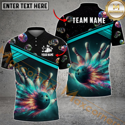 Maxcorners Bowling Ball & Pins Galaxy Bowling Ball Multicolor Options Personalized Name, Team Name 3D Shirt (4 Colors)