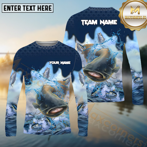 Maxcorners Catfish Fishing Blue Wave Hunt Pattern Pattern Sport Jersey Personalized Name, Team Name Long Sleeve Shirt