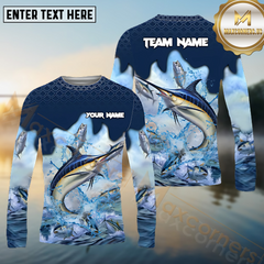 Maxcorners Marlin Fishing Blue Wave Hunt Pattern Pattern Sport Jersey Personalized Name, Team Name Long Sleeve Shirt