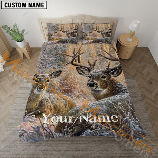 Maxcorners Custom Name Happy Couple Deer Hunting Bedding Set 3D All Over Printed