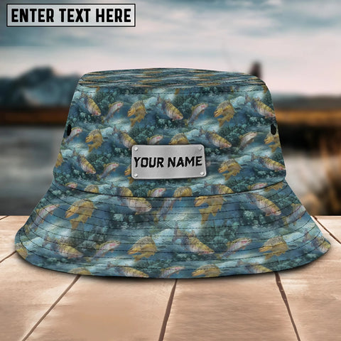 Maxcorners Trout Fishing Pattern Customized Name 3D Blue Bucket Hat