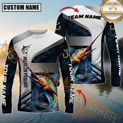 Maxcorners Marlin Fishing Blue Deep Wave Hook Personalized Name, Team Name Long Sleeve Shirt
