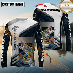 Maxcorners Pike Fishing Blue Deep Wave Hook Personalized Name, Team Name Long Sleeve Shirt