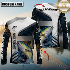 Maxcorners Tuna Fishing Blue Deep Wave Hook Personalized Name, Team Name Long Sleeve Shirt