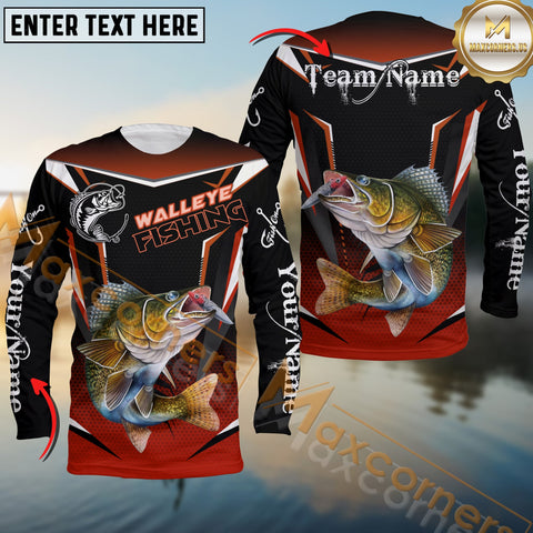Maxcorners Walleye Fishing Black Red Gradient Hexagon Pattern Sport Custom Name & Team Name 3D Shirts