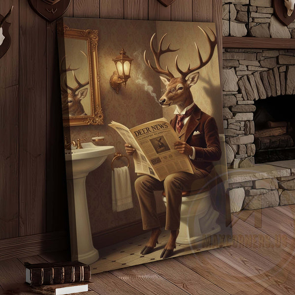 Maxcorners Deer Reading Deer News in Bathroom Wrapped Canvas