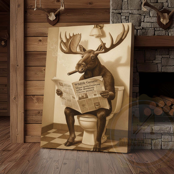 Maxcorners Moose Reading Wildlife Gazette in Bathroom Wrapped Canvas