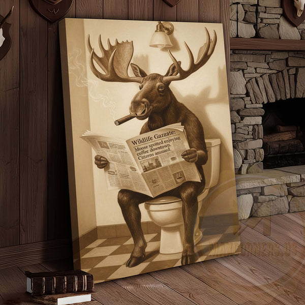 Maxcorners Moose Reading Wildlife Gazette in Bathroom Wrapped Canvas