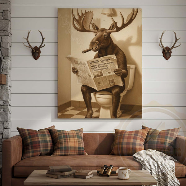 Maxcorners Moose Reading Wildlife Gazette in Bathroom Wrapped Canvas