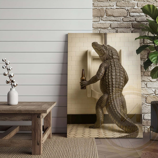 Maxcorners Alligator Holding Beer at Urinal Wrapped Canvas
