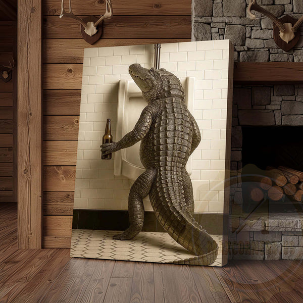 Maxcorners Alligator Holding Beer at Urinal Wrapped Canvas