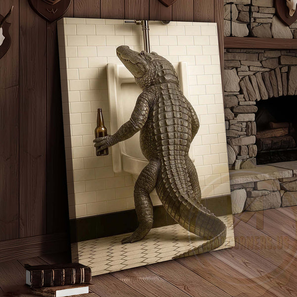 Maxcorners Alligator Holding Beer at Urinal Wrapped Canvas