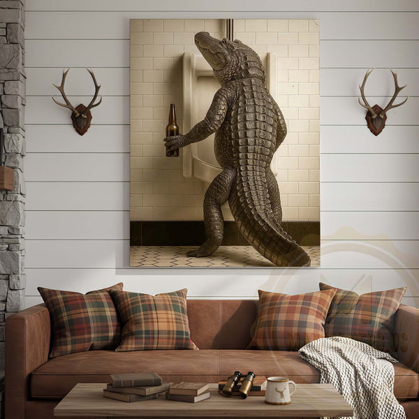 Maxcorners Alligator Holding Beer at Urinal Wrapped Canvas