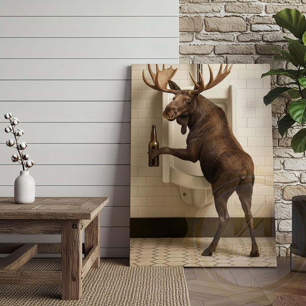 Maxcorners Moose Holding Beer at Urinal Wrapped Canvas