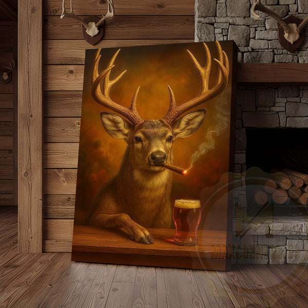 Maxcorners Deer with Beer Glass and Smoke Effect Wrapped Canvas