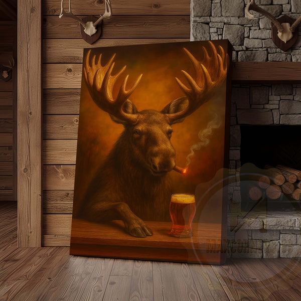 Maxcorners Moose with Beer Glass and Smoke Effect Wrapped Canvas