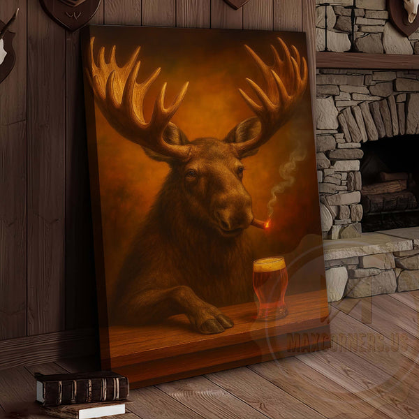 Maxcorners Moose with Beer Glass and Smoke Effect Wrapped Canvas