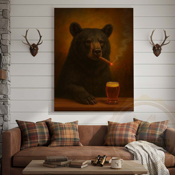 Maxcorners Black Bear with Beer Glass and Smoke Effect Wrapped Canvas