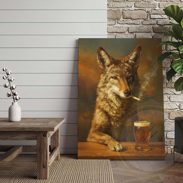 Maxcorners Wolf with Beer Glass and Smoke Wrapped Canvas