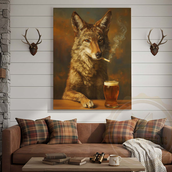 Maxcorners Wolf with Beer Glass and Smoke Wrapped Canvas
