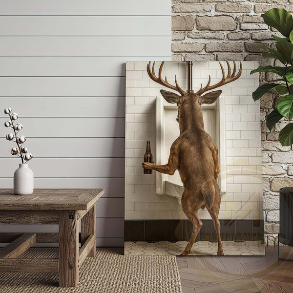Maxcorners Deer Holding Beer at Urinal Wrapped Canvas