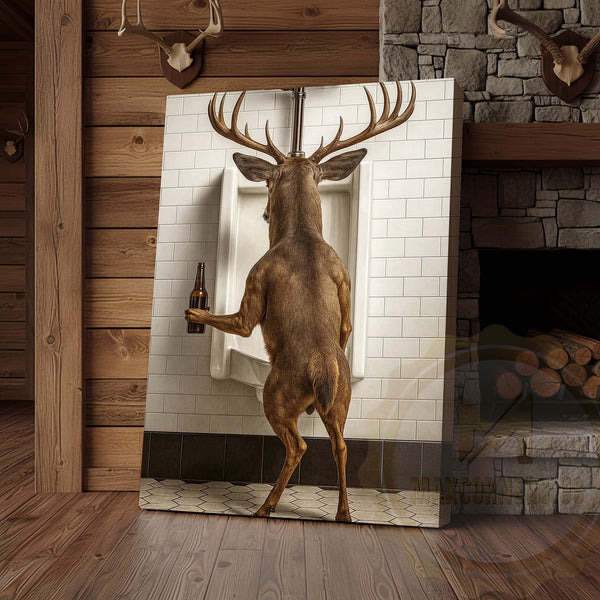 Maxcorners Deer Holding Beer at Urinal Wrapped Canvas