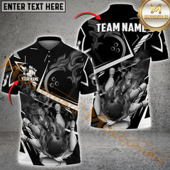 Maxcorners Bowling Ball & Pins Fire Bowling Ball Pattern Personalized Name, Team Name 3D Polo Shirt (4 Colors)