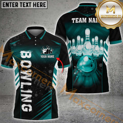 Maxcorners Electronic Light Bowling Ball & Pins Personalized Name, Team Name 3D Polo Shirt (4 Colors)
