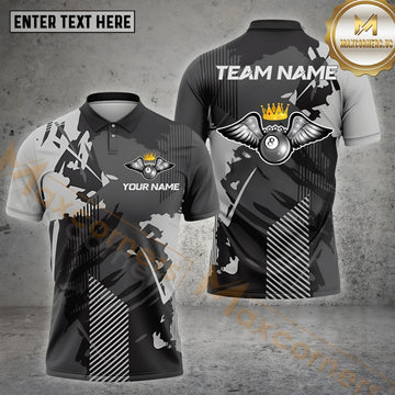 Maxcorners Grey  Billiards King Eight Ball Winged Design Personalized Name, Team Name 3D Shirt