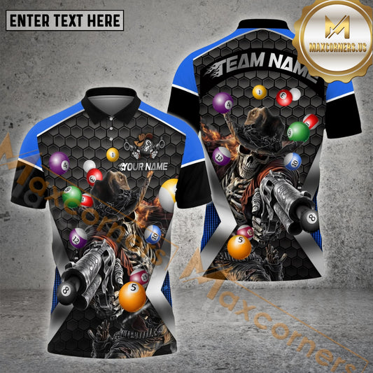 Maxcorners Billiards Skull Gunslinger Ver 2 Multicolor Options Personalized Name, Team Name 3D Shirt (4 Colors)