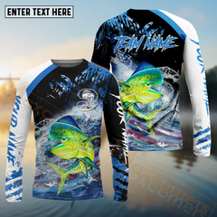 Maxcorners Mahi-Mahi Fishing American Flag Blue Seawave Pattern Sport Custom Name & Team Name 3D Shirts