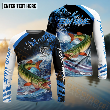 Maxcorners Pike Fishing American Flag Blue Seawave Pattern Sport Custom Name & Team Name 3D Shirts