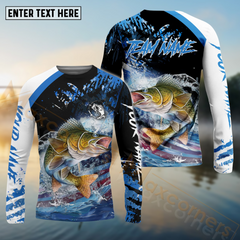 Maxcorners Walleye Fishing American Flag Blue Seawave Pattern Sport Custom Name & Team Name 3D Shirts