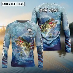 Maxcorners Bass Fishing USA Flag Blue Seawave Pattern Sport Custom Name & Team Name 3D Shirts