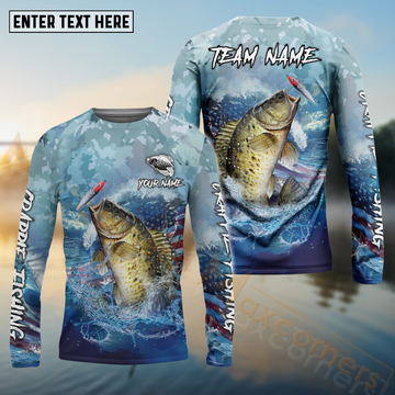 Maxcorners Crappie Fishing USA Flag Blue Seawave Pattern Sport Custom Name & Team Name 3D Shirts