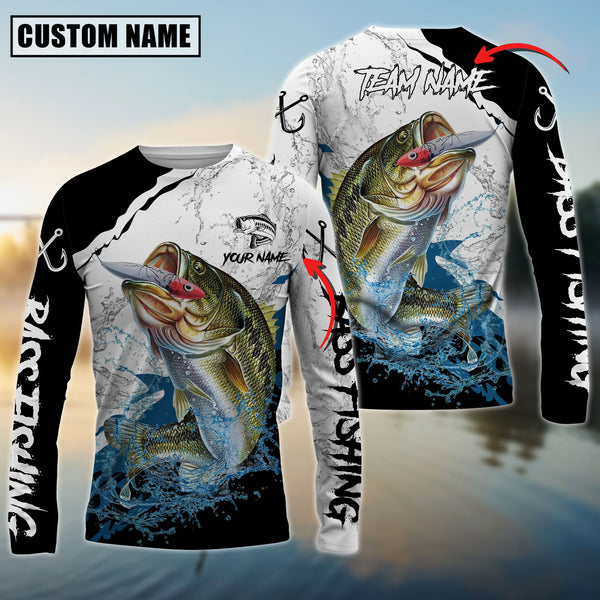 Maxcorners Bass Fishing Black White Water Pattern Sport Custom Name & Team Name 3D Shirts