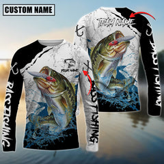 Maxcorners Bass Fishing Black White Water Pattern Sport Custom Name & Team Name 3D Shirts