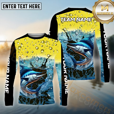 Maxcorners Marlin Fishing Aqua Surge Pattern Sport Jersey Personalized Name, Team Name Long Sleeve Shirt
