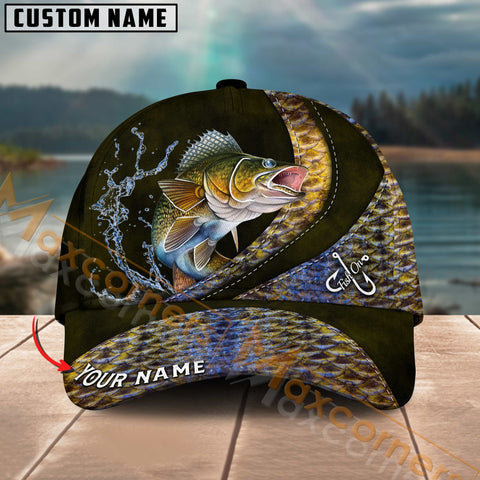 Maxcorners Walleye Fishing Skinfish Leather Pattern Multicolor Personalized Name 3D Cap