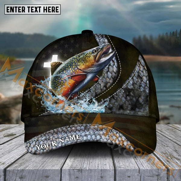 Maxcorners Trout Fishing  Cross Skinfish Flag Of United States Sport Pattern Personalized Name 3D Cap MT133