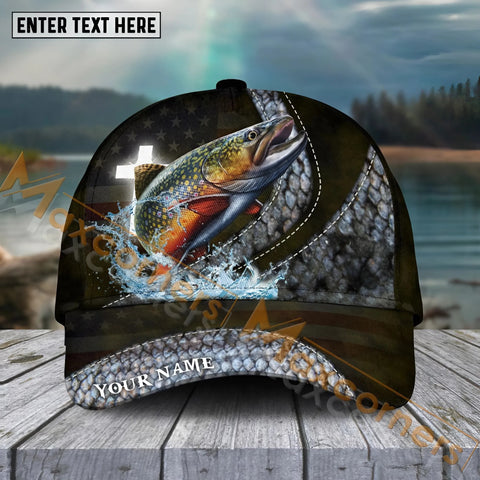 Maxcorners Trout Fishing  Cross Skinfish Flag Of United States Sport Pattern Personalized Name 3D Cap MT133