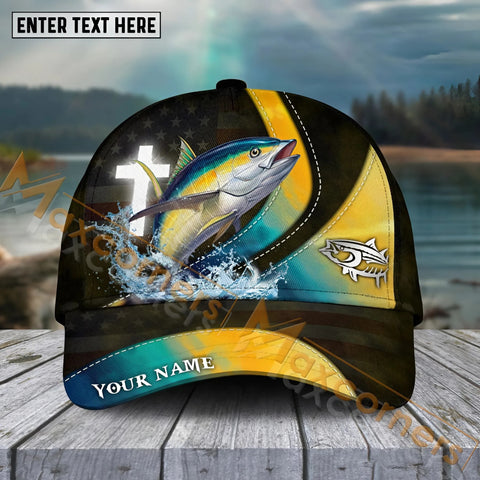 Maxcorners Tuna Fishing  Cross Skinfish Flag Of United States Sport Pattern Personalized Name 3D Cap MT133