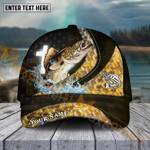 Maxcorners Walleye Fishing  Cross Skinfish Flag Of United States Sport Pattern Personalized Name 3D Cap MT133