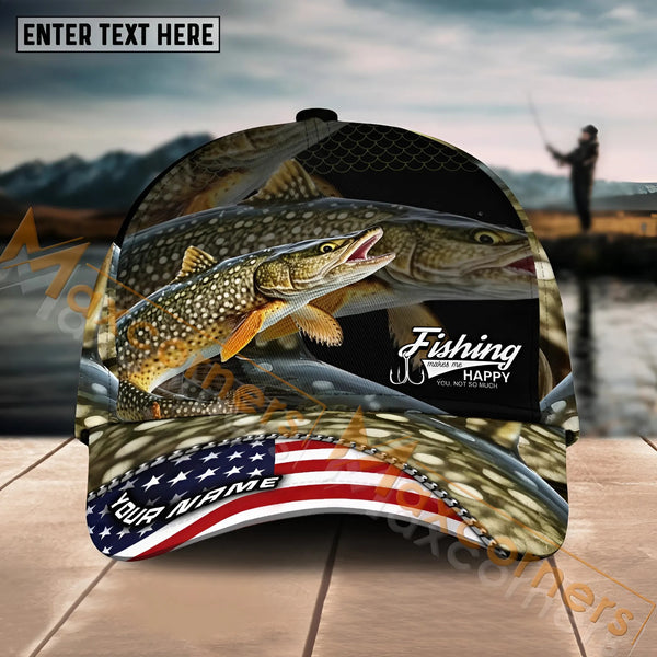 Maxcorners Pike Fishing Fishing Make Me Happy Skinfish Flag Of US Sport Pattern Personalized Name 3D Cap MT133