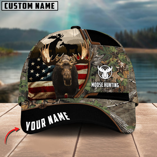 Maxcorners Moose Hunting American Flag Pattern Multicolor Personalized Name 3D Cap (4 colors)
