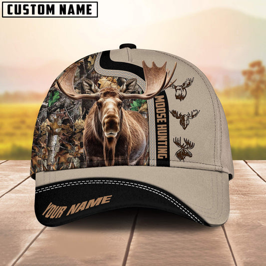 Maxcorners Moose Hunting Camoflage Premium Leather Multicolor Personalized Name 3D Cap (4 colors)